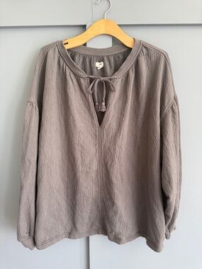 aerie Grey Tie-Neck Pullover Sweatshirt Top